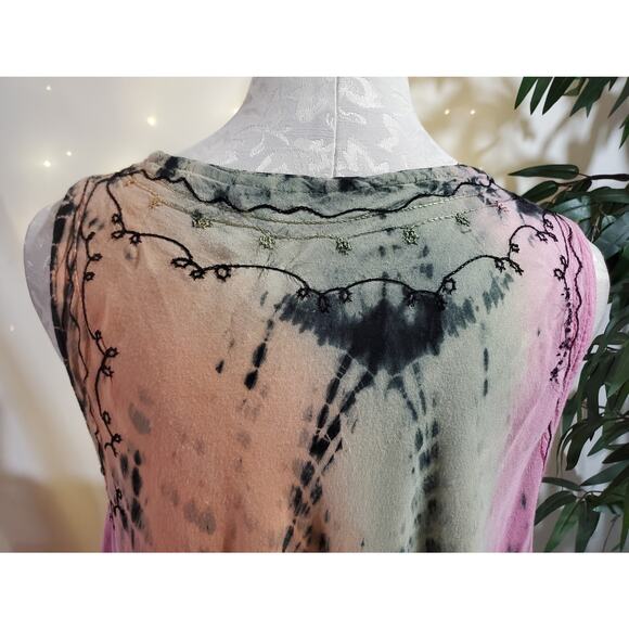 Henna VTG Embroidered Tie Dye Twirl Midi Dress Womens One Size Hippie Festival - Picture 8 of 13